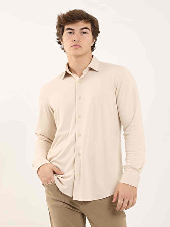 Dufy Bej Erkek Slim Fit Düz Klasik Yaka Uzun Kol Gömlek - 97956