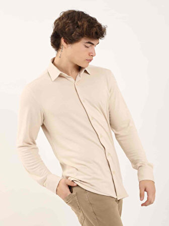 Dufy Bej Erkek Slim Fit Düz Klasik Yaka Uzun Kol Gömlek - 97956