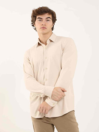 Dufy Bej Erkek Slim Fit Düz Klasik Yaka Uzun Kol Gömlek - 97956