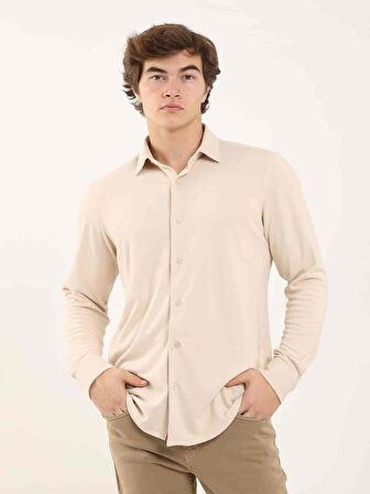Dufy Bej Erkek Slim Fit Düz Klasik Yaka Uzun Kol Gömlek - 97956