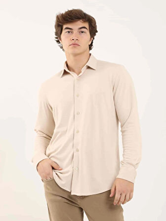 Dufy Bej Erkek Slim Fit Düz Klasik Yaka Uzun Kol Gömlek - 97956