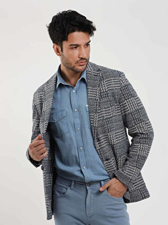 Dufy Lacivert Erkek Slim Fit Jakarlı Casual Mono Yaka Ceket - 97191