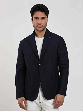 Dufy Lacivert Erkek Slim Fit Çizgili Casual Mono Yaka Ceket - 97108
