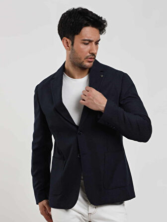 Dufy Lacivert Erkek Slim Fit Çizgili Casual Mono Yaka Ceket - 97108