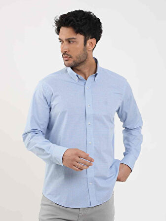 Dufy Mavi Erkek Regular Fit Pitikare Desenli Düğmeli Yaka Uzun Kol Gömlek - 98284