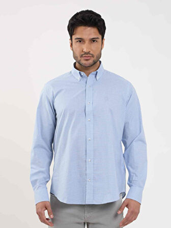 Dufy Mavi Erkek Regular Fit Pitikare Desenli Düğmeli Yaka Uzun Kol Gömlek - 98284