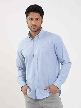 Dufy Mavi Erkek Regular Fit Pitikare Desenli Düğmeli Yaka Uzun Kol Gömlek - 98284