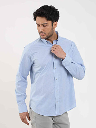 Dufy Mavi Erkek Regular Fit Pitikare Desenli Düğmeli Yaka Uzun Kol Gömlek - 98284