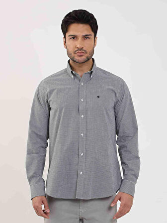 Dufy Siyah Erkek Regular Fit Pitikare Desenli Düğmeli Yaka Uzun Kol Gömlek - 98454