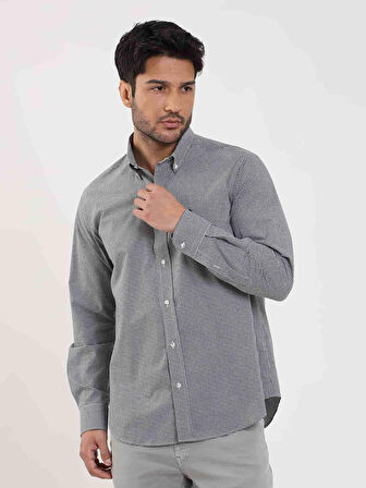 Dufy Siyah Erkek Regular Fit Pitikare Desenli Düğmeli Yaka Uzun Kol Gömlek - 98454