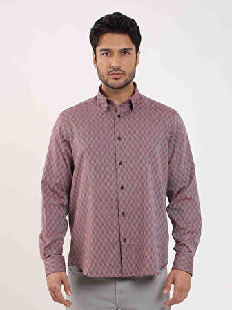 Dufy Bordo Erkek Regular Fit Desenli Düğmeli Yaka Uzun Kol Gömlek - 99219