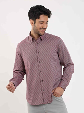 Dufy Bordo Erkek Regular Fit Desenli Düğmeli Yaka Uzun Kol Gömlek - 99219