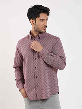 Dufy Bordo Erkek Regular Fit Desenli Düğmeli Yaka Uzun Kol Gömlek - 99219
