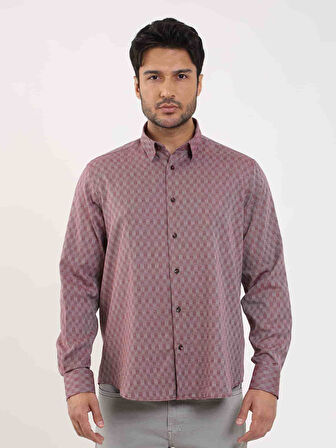 Dufy Bordo Erkek Regular Fit Desenli Düğmeli Yaka Uzun Kol Gömlek - 99219