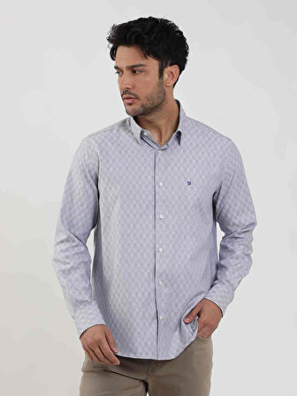 Dufy Lacivert Erkek Regular Fit Desenli Düğmeli Yaka Uzun Kol Gömlek - 99304