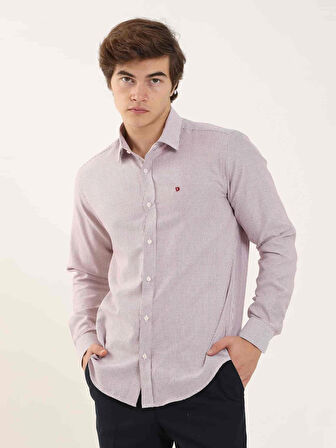 Dufy Bordo Erkek Slim Fit Çizgili Brent Yaka Uzun Kol Gömlek - 99559