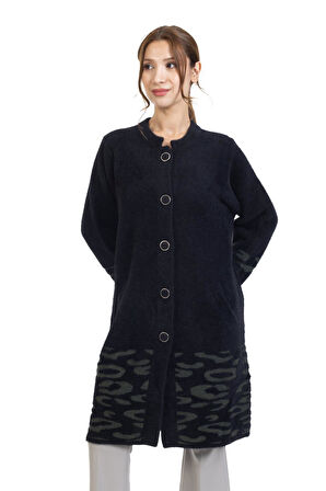 Yeni Sezon 2023/2024 Orta Yaş Kadın Düğmeli Lurex Angel Desen Triko Örgü Uzun Anne Hırka 8165