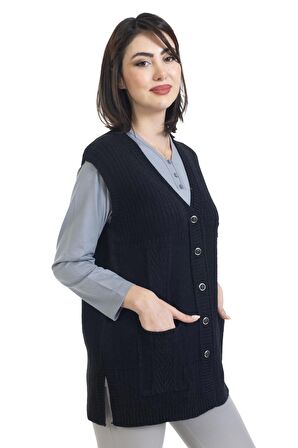 Kadın Cepli Düğmeli Kendinden Desenli Anne Triko Örgü Klasik Hattuş Yelek 1018