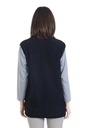 Kadın Cepli Düğmeli Kendinden Desenli Anne Triko Örgü Klasik Hattuş Yelek 1018