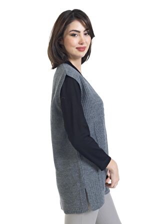 Kadın Cepli Düğmeli Kendinden Desenli Anne Triko Örgü Klasik Hattuş Yelek 1018
