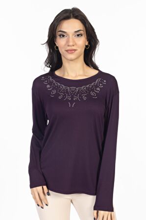 Yeni Model Taş İşlemeli Yuvarlak Yaka Likralı Anne Penye Bluz 6420
