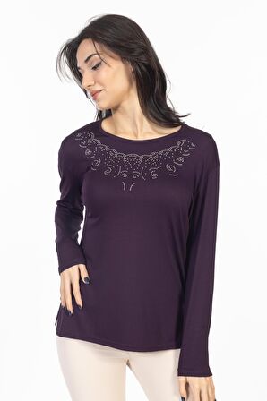 Yeni Model Taş İşlemeli Yuvarlak Yaka Likralı Anne Penye Bluz 6420