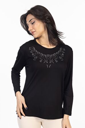 Yeni Model Taş İşlemeli Yuvarlak Yaka Likralı Anne Penye Bluz 6420