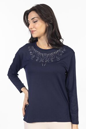 Yeni Model Taş İşlemeli Yuvarlak Yaka Likralı Anne Penye Bluz 6420