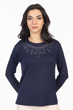 Yeni Model Taş İşlemeli Yuvarlak Yaka Likralı Anne Penye Bluz 6420