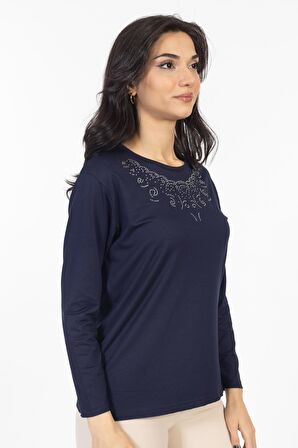 Yeni Model Taş İşlemeli Yuvarlak Yaka Likralı Anne Penye Bluz 6420