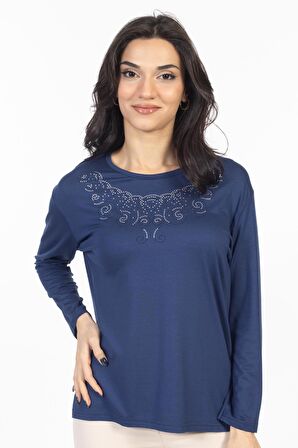 Yeni Model Taş İşlemeli Yuvarlak Yaka Likralı Anne Penye Bluz 6420