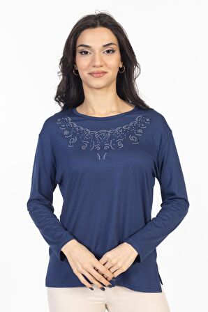 Yeni Model Taş İşlemeli Yuvarlak Yaka Likralı Anne Penye Bluz 6420
