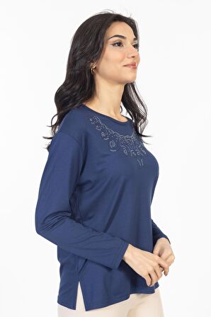 Yeni Model Taş İşlemeli Yuvarlak Yaka Likralı Anne Penye Bluz 6420