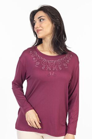 Yeni Model Taş İşlemeli Yuvarlak Yaka Likralı Anne Penye Bluz 6420