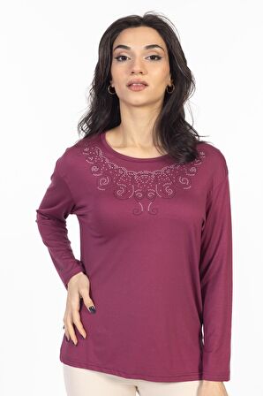 Yeni Model Taş İşlemeli Yuvarlak Yaka Likralı Anne Penye Bluz 6420