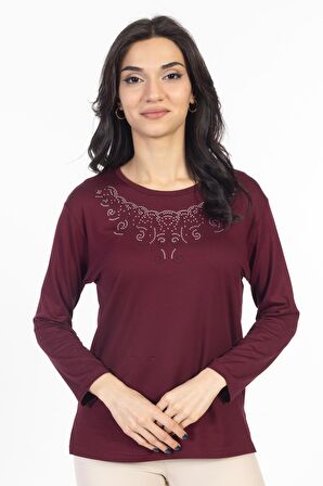 Yeni Model Taş İşlemeli Yuvarlak Yaka Likralı Anne Penye Bluz 6420