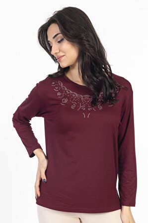 Yeni Model Taş İşlemeli Yuvarlak Yaka Likralı Anne Penye Bluz 6420