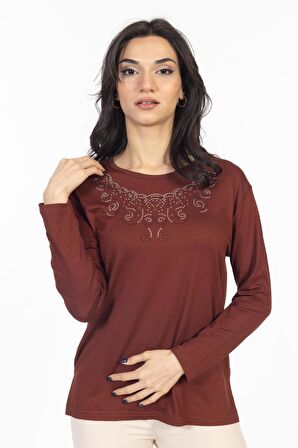 Yeni Model Taş İşlemeli Yuvarlak Yaka Likralı Anne Penye Bluz 6420