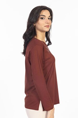 Yeni Model Taş İşlemeli Yuvarlak Yaka Likralı Anne Penye Bluz 6420