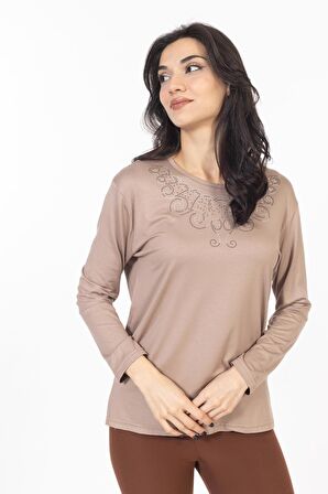 Yeni Model Taş İşlemeli Yuvarlak Yaka Likralı Anne Penye Bluz 6420