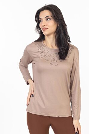 Yeni Model Taş İşlemeli Yuvarlak Yaka Likralı Anne Penye Bluz 6420