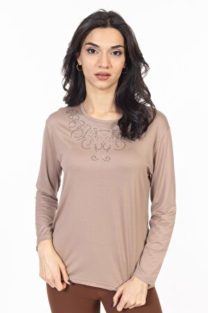 Yeni Model Taş İşlemeli Yuvarlak Yaka Likralı Anne Penye Bluz 6420