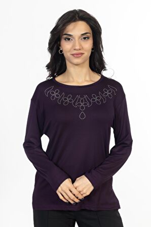 Yeni Model Taş İşlemeli Yuvarlak Yaka Likralı Anne Penye Bluz 6435