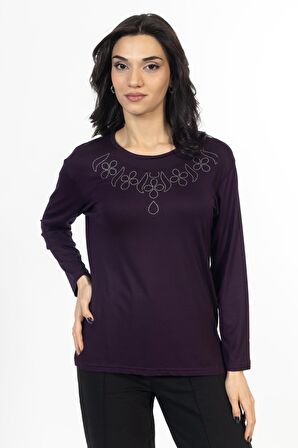 Yeni Model Taş İşlemeli Yuvarlak Yaka Likralı Anne Penye Bluz 6435