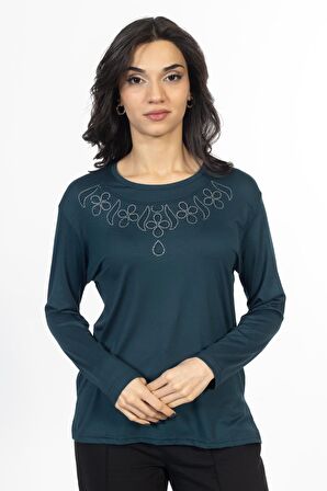Yeni Model Taş İşlemeli Yuvarlak Yaka Likralı Anne Penye Bluz 6435