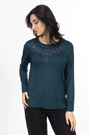 Yeni Model Taş İşlemeli Yuvarlak Yaka Likralı Anne Penye Bluz 6435