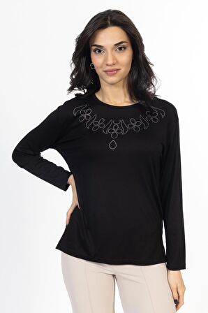 Yeni Model Taş İşlemeli Yuvarlak Yaka Likralı Anne Penye Bluz 6435