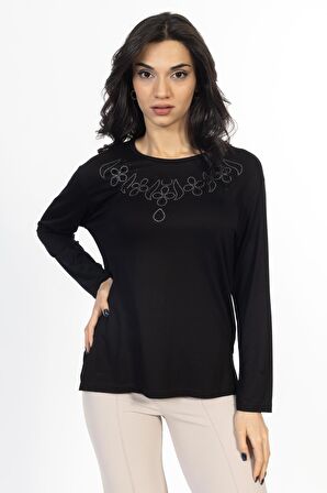 Yeni Model Taş İşlemeli Yuvarlak Yaka Likralı Anne Penye Bluz 6435