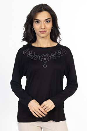 Yeni Model Taş İşlemeli Yuvarlak Yaka Likralı Anne Penye Bluz 6435