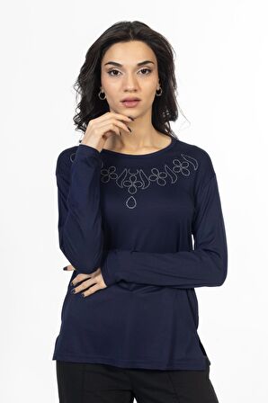 Yeni Model Taş İşlemeli Yuvarlak Yaka Likralı Anne Penye Bluz 6435
